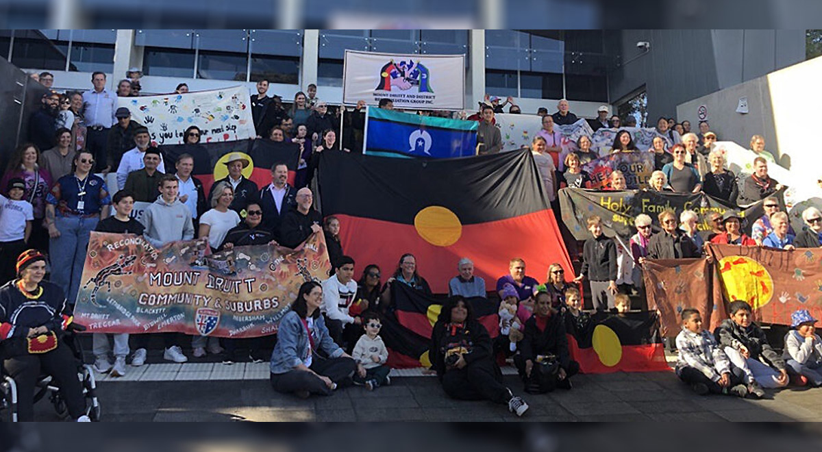 Community members outside the Mt Druitt Courthouse during the Mt Druitt Reconciliation Walk.